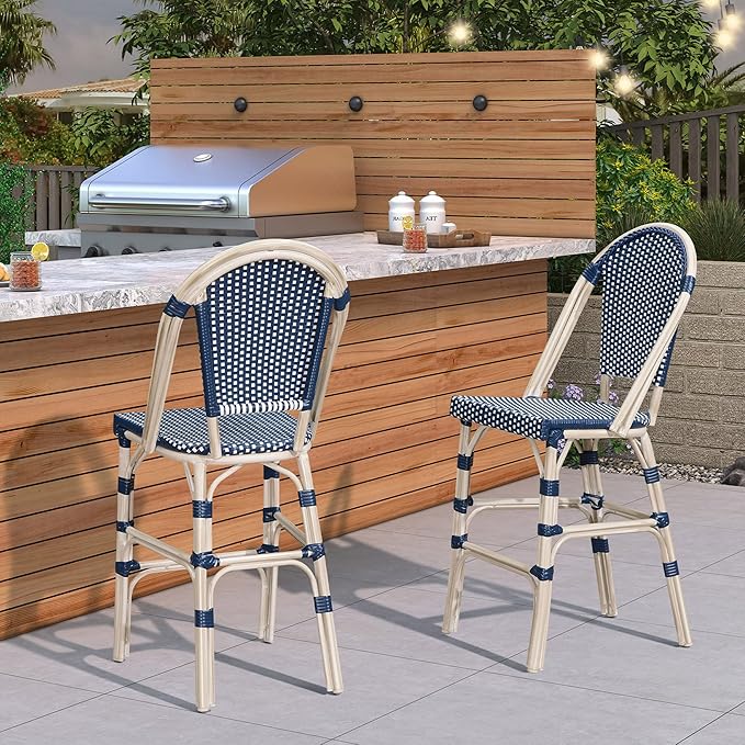 PURPLE LEAF French Counter Height Bar Stool Set of 4 25" White Print Finish Patio Bar Chairs with Back Rattan Bar Chairs French Bistro Set for Kitchen Outdoor Counter Stool Royal Blue