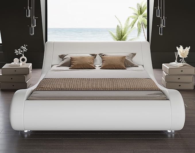 SHA CERLIN Full Size Upholstered Bed Frame, Deluxe Low Profile Sleigh Bed with Faux Leather Ergonomics Headboard, No Box Spring Needed & Easy Assembly, White