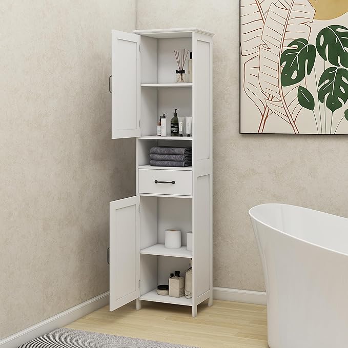 Tall Bathroom Storage Cabinet, White Bathroom Cabinets Freestanding, Narrow Storage Cabinet w/Adjustable Shelves for Home, Kitchen, Versatile, Anti-Tipping