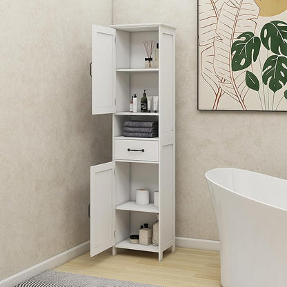 Tall Bathroom Storage Cabinet, White Bathroom Cabinets Freestanding, Narrow Storage Cabinet w/Adjustable Shelves for Home, Kitchen, Versatile, Anti-Tipping