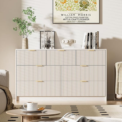 Beige Dresser for Bedroom, Modern Dresser with 7 Drawers and Smooth Slides, Wide Chest of Drawers with Golden Handles for Bedroom, Living Room, Closet, 15.7" D x 55.1" W x 31.4" H
