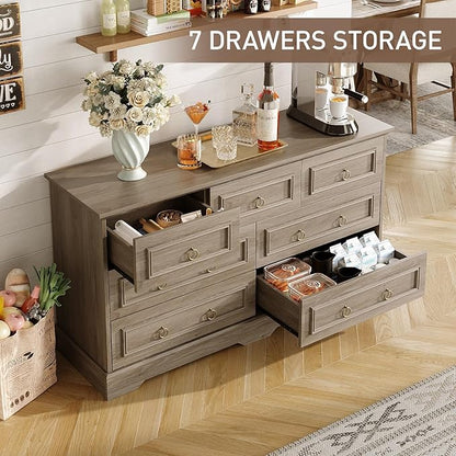 Maupvit Dresser, Vintage Design Wood Rustic Chest of Drawers with Natural Texture, Sturdy & Durable Farmhouse Dresser, Ideal Storage Dressers for Living Room (Grey, 7 Drawers)