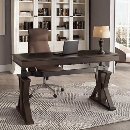 EUREKA ERGONOMIC Leather Standing Desk, 60 inch Executive Desk with Drawers,Modern Oak Grain X-Shaped Leg Sit Stand Desk, Charge Power Outlet Luxury Home Office Computer Desk
