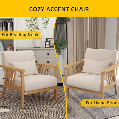 Mid-Century Modern Accent Chair, Linen Armchair and Lounge Chair with Lumbar Pillow, Wide Seat & Solid Wood Frame for Living Room, Bedroom or Balcony（Beige）