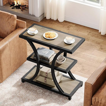 Tribesigns End Table with Storage, 3-Tier Side Table with Geometric Metal Design, Industrial Nightstand for Small Spaces, Living Room, Bedroom, Study Room (1, Grey)