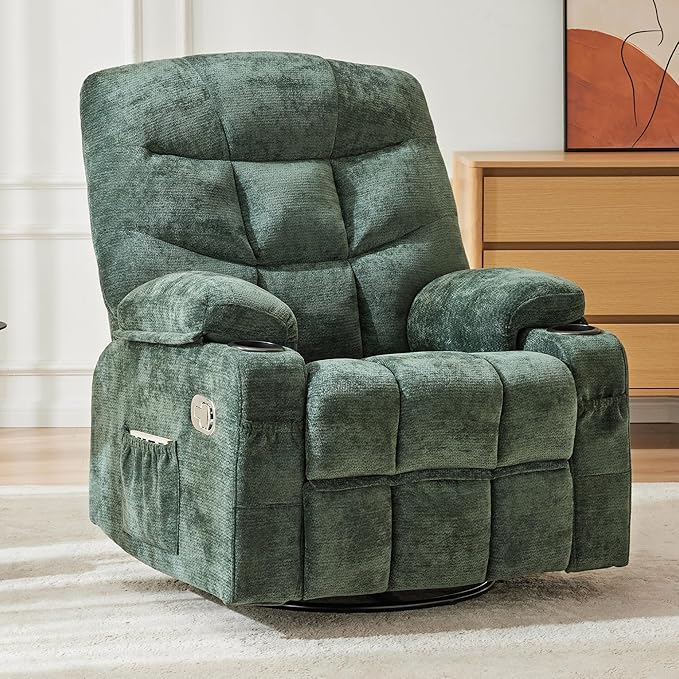 Manual Rocker Recliner Chair, 360°Swivel Recliner Chairs for Adults, Single Recliner Seat with Cup Holders,Upholstered Fabric Lazy Boy Recliner,Green