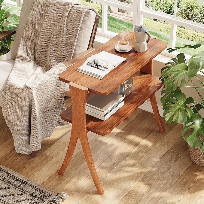 LITTLE TREE Narrow Side Table Set of 2, Small Side Table, 2-Tier Farmhouse End Table with Solid Wood Legs, Space-Saver for Living Room, Bedroom, Entryway (Walnut)