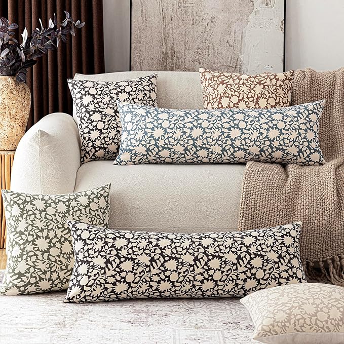 Foindtower Set of 2 Decorative Floral Long Body Lumbar Throw Pillow Covers Accent Farmhouse Cushion Cover Neutral Pillowcase for Couch Sofa Bedroom Living Room Home Decor,14×36 Inch,Sage Green