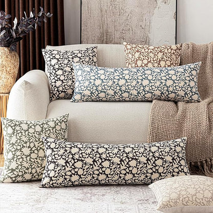 Foindtower Set of 2 Decorative Floral Long Body Lumbar Throw Pillow Covers Accent Farmhouse Cushion Cover Neutral Pillowcase for Couch Sofa Bedroom Living Room Home Decor,14×36 Inch,Sage Green