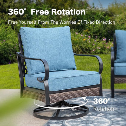 6 Piece Metal Outdoor Patio Furniture Set, Patio Conversation Set with Swivel Chair and 5.75" Thick Cushion & Coffee Tabl, Outdoor Seating Black Frame Backyard Furniture, Denim Blue