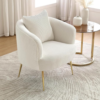 Art Leon Velvet Accent Chair, Upholstered Modern Single Sofa Chair, Comfy Barrel Chair with Golden Metal Legs for Living Room Bedroom, Off White