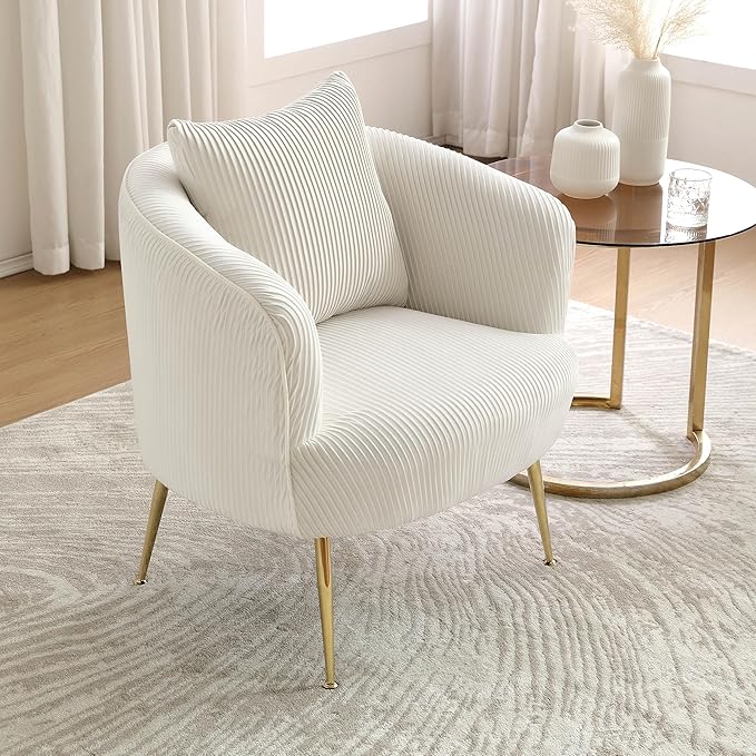 Art Leon Accent Chair Set of 2, Modern Velvet Upholstered Armchairs, Living Room Side Chairs Barrel Chairs with Golden Metal Legs, Off White