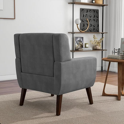 Accent Chair, Mid-Century Modern Velvet Fabric Chairs with Arms for Living Room, Comfy Upholstered Club Single Sofa Armchair for Bedroom Waiting Room with Solid Wood Frame (Velvet Grey, Set of 1)