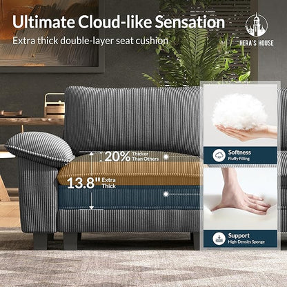 HERA'S HOUSE 88" Modular Sectional Sofa, Loveseat Couches for Living Room, Comfy Cloud Couch 2-Seater Deep Seat Sofa with Throw Pillow, Corduroy Grey