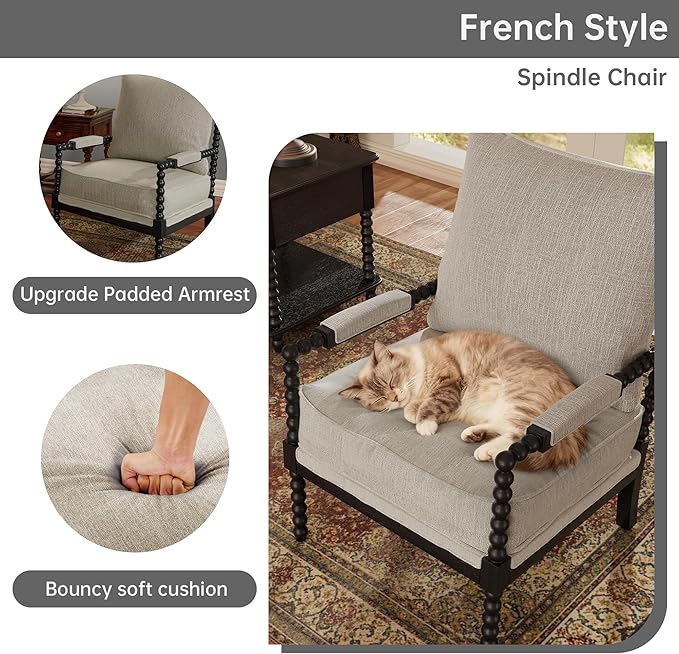 Morden Fort Linen Fabric Spindle Accent Chair with Wood Frame, French Style Accent Chairs with Padded Spring Seat and Armrest Pads, Brushed Base for Living Room Bedroom Farmhouse Office Balcony