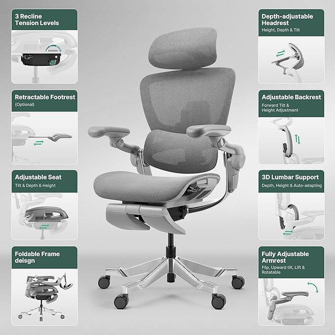 HINOMI H2 Pro Premium Ergonomic Office Chair - Comfy Home Office Desk Computer Chair with Adjustable Back Support, Swivel Wheels, Flip-up Arms, Comfortable Mesh Seat for Desk Work (Gray)