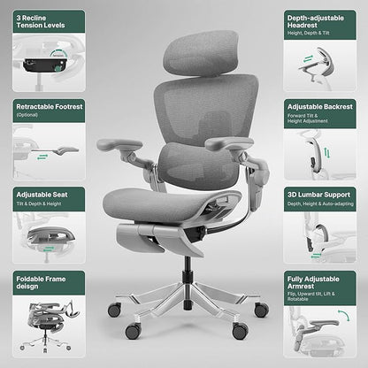 HINOMI H2 Pro Premium Ergonomic Office Chair - Comfy Home Office Desk Computer Chair with Adjustable Back Support, Swivel Wheels, Flip-up Arms, Comfortable Mesh Seat for Desk Work (Green)