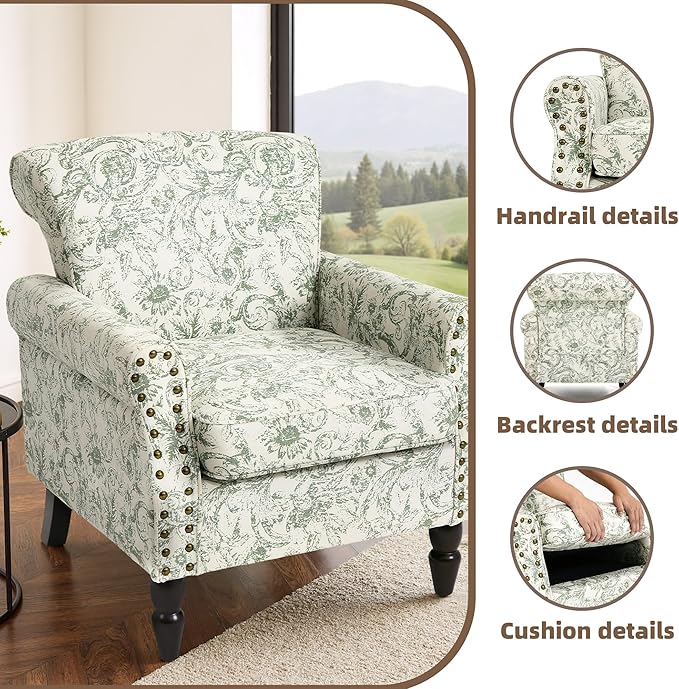 Accent Chair, Upholstered High Back Floral Armchair with Nailhead Trim & Wood Legs, Comfy Wingback Reading Single Sofa Chair for Small Spaces, Living Room, Bedroom (Rococo Green, Set of 1)