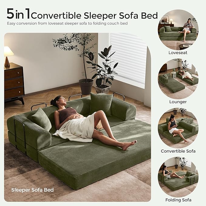 79" Convertible Sofa Bed with Fixed-Shape Frame & Removable Armrests, Modular Corduroy Sleeper Sofa, Folding Mattress Couch for Small Spaces - No Assembly Needed in Light Green (Includes 2 Pillows)