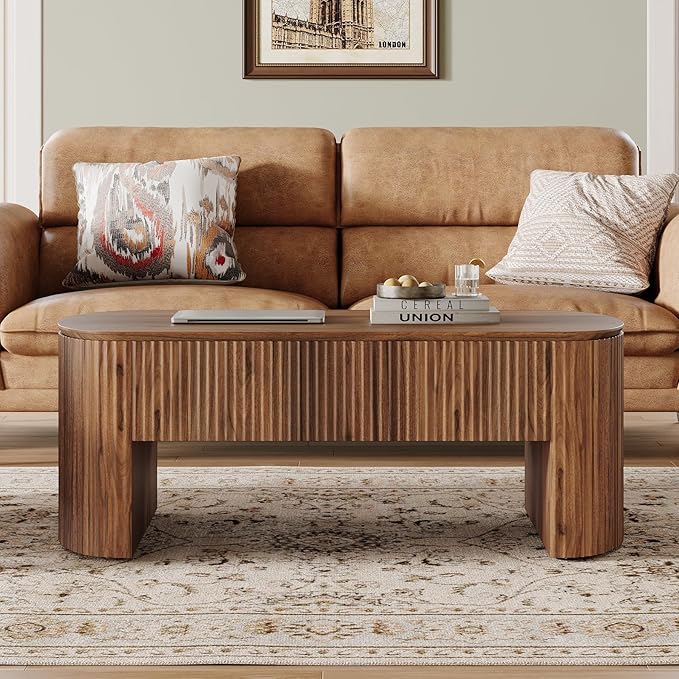 Tribesigns 47-Inch Oval Lift Top Coffee Table with Storage Shelf for Living Room, Rustic Lift Up Tabletop Mid Century Center Tables with Hidden Compartment, Rustic Brown
