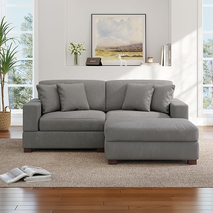 Modular Sectional Couches for Living Room, Modern Loveseat 2-Seater Sofa Couch with Ottoman, Upholstered Couches for Living Room Bedroom, Light Grey