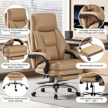 Home Office Desk Chair, 90°-160° Reclining, High Back Executive OfficeChair 400LBS with Footrest, Ergonomic Scratch-Resistant Faux Leather Computer Gaming Chair with Lumbar Support, Coffee