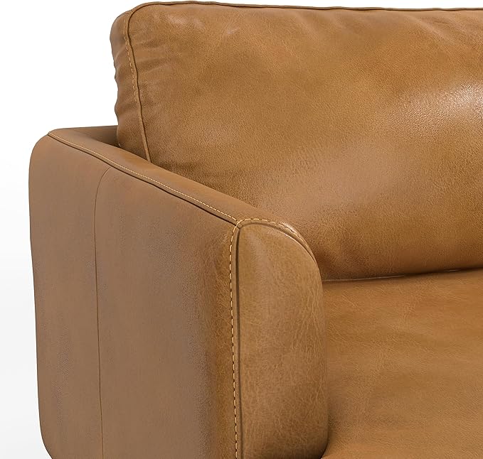 SIMPLIHOME Livingston 76-inch Wide Sofa in Sienna Top Grain Genuine Leather, Handcrafted Mid-Century Modern Loveseat for Living Room, Compact 2-Seater with Feather-Wrapped Cushions
