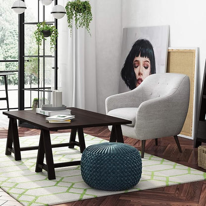 SIMPLIHOME Renee Boho Round Pouf in Teal Velvet Fabric for the Living Room, Bedroom and Kids Room