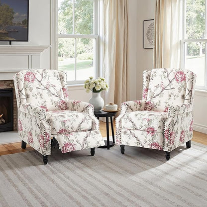 Pushback Recliner Chair, Floral Fabric Wingback Recliner Chair, Upholstered Armchair Push Back Recliner, Rivet Trim Single Sofa Accent Chair with Wood Legs for Living Room, Plants Floral