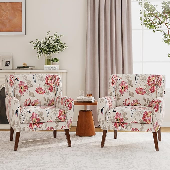 Accent Chairs Set of 2, Modern Fabric Armchairs for Living Room, Comfy Upholstered Arm Chairs Tufted for Indoor Bedroom Office Room (Pattern White)