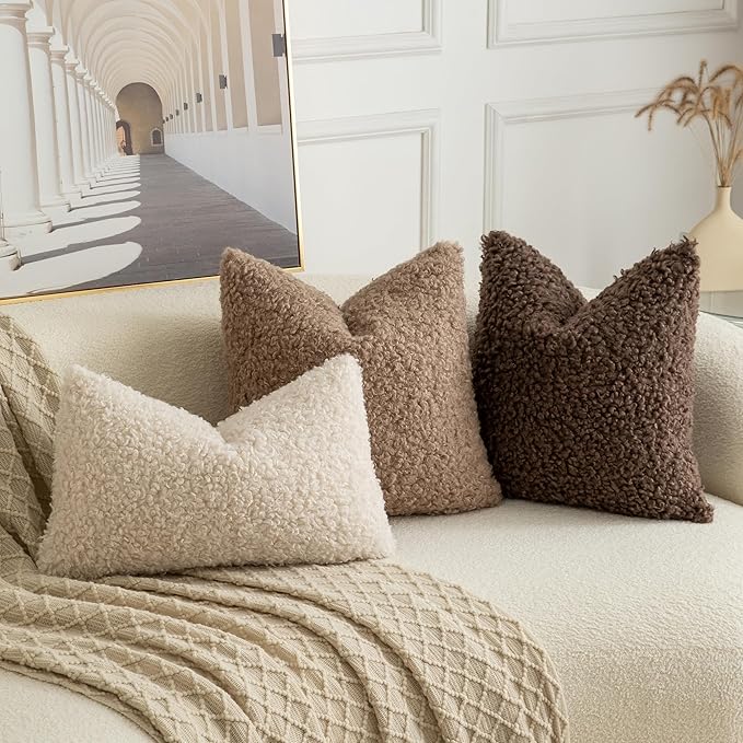 Pack of 2 Curly Teddy Wool Faux Fur Throw Pillow Covers Fuzzy Accent Soft Sherpa Pillowcases Sheepskin Fleece Decorative Cushion Case for Sofa Couch Living Room 12x20 Inch Chocolate