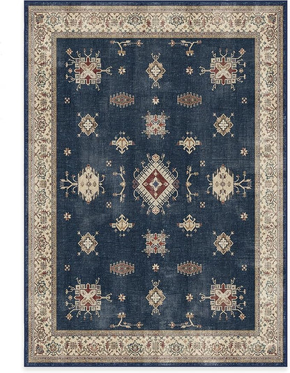 RUGGABLE Washable Vintage Area Rug – Verena Sapphire 5x7, Stain-Resistant, Non-Slip – Medium Machine Washable Rugs for Living Room, Bedroom, Hallway, Entryway & Office–with Standard Pad