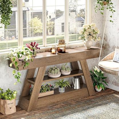 Tribesigns 63-Inch Wooden Console Table with Storage Shelves, Rustic Long Entryway Sofa Table Behind Couch for Living Room, Entrance, Hallway, Foyer