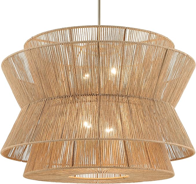 KICHLER Ophira 4-Light Pendant, Global Boho Light with Jute Shade in Champagne Bronze, Sloped Ceiling Compatible, for Living or Dining Room (24.75" x 36"), 52736CPZ