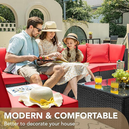 Devoko 7 Pieces Outdoor Sectional Sofa Patio Furniture Sets Manual Weaving Wicker Rattan Patio Conversation Sets with Cushion and Glass Table (Red)