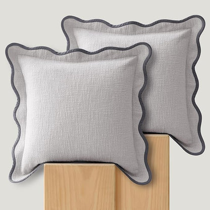 Double Stitch Scalloped Throw Pillow Covers - 100% Cotton Set of 2 Decorative Boho Pillow Covers 20 x 20, Made in India, Square Cushion Case, Modern Home Decor for Couch Sofa Living Room, Winter Sky