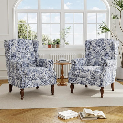 Accent Chair, Upholstered High Back Floral Armchair with Nailhead Trim & Wood Legs, Comfy Wingback Reading Single Sofa Chair for Small Spaces, Living Room, Bedroom ( Navy Blue Floral, Set of 1)