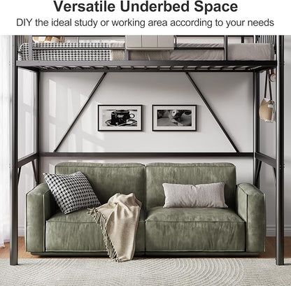 Metal Loft Bed Twin Size, Twin Loft Bed with Bedside Caddy, Convertible Ladder & Full-Length Guardrails, Space-Saving & Noise Free Design, No Box Spring Needed, Loftbed Frame for Teens Adults