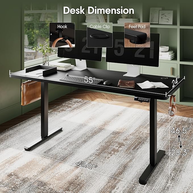Monomi Electric Height Adjustable Standing Desk, 55x24 Inches, Ergonomic Home Office Sit/Stand Up Desk with Two-Piece Desktop (Black Steel Frame/Black Top)