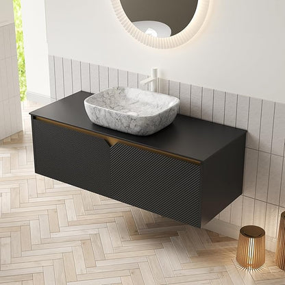 48 Inch Bathroom Vanity with Sink, Floating Fluted Vanity with Vessel Sink, Modern Wall Mounted Bathroom Vanity Cabinet with 2 Doors, Oval Marble Vessel Sink & Sintered Stone Top, Black