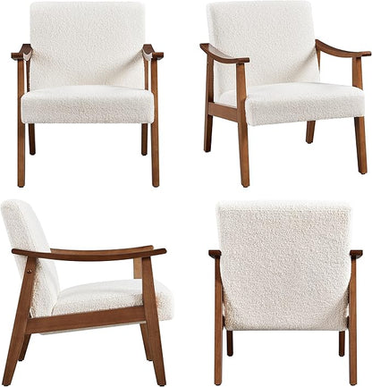 Yaheetech Fabric Accent Chair, Mid-Century Modern Armchair with Solid Wood Legs, Reading Leisure Chair with High Back for Living Room Bedroom Waiting Room, Set of 2, Ivory