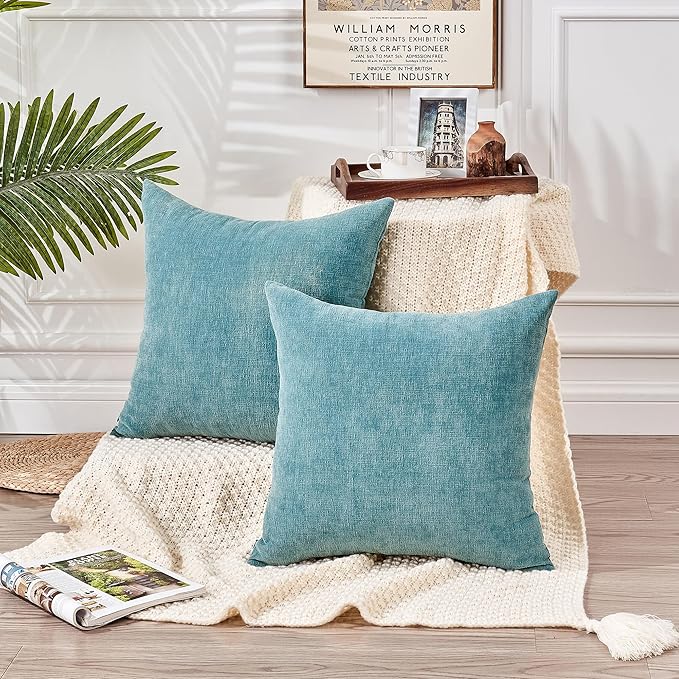 GAWAMAY Decorative Chenille Throw Pillow Covers 26x26 Inch Pack of 2, Soft Square Couch Pillow Cover for Sofa Cushion Living Room Bedroom Oversized Pillowcases Smoke Blue 66x66cm (ONLY Covers)