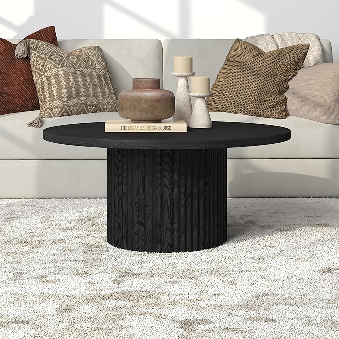 Henn&Hart 32" Fluted Round Wood Pedestal Low-Profile Coffee Table for Living Room, Family Room, Office, or Apartment, Black Grain