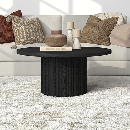 Henn&Hart 32" Fluted Round Wood Pedestal Low-Profile Coffee Table for Living Room, Family Room, Office, or Apartment, Black Grain