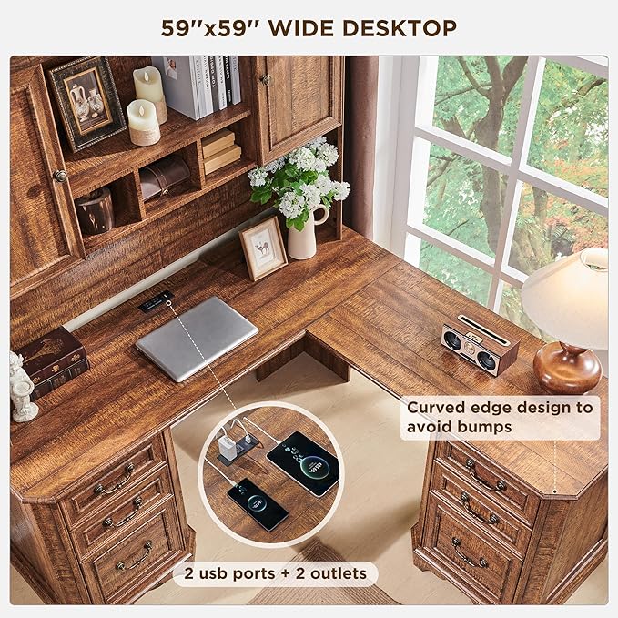 T4TREAM L Shaped Desk with Hutch,59" Farmhouse Wood Home Office Executive Desk,Charging Station,File Drawer, Storage Cabinet,Computer Desk for Work and Study (Reclaimed Barnwood)