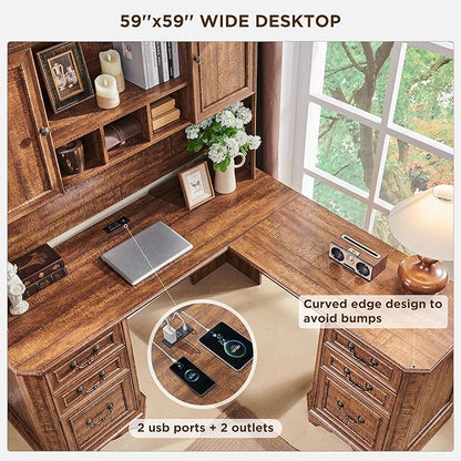 T4TREAM L Shaped Desk with Hutch,59" Farmhouse Wood Home Office Executive Desk,Charging Station,File Drawer, Storage Cabinet,Computer Desk for Work and Study (Reclaimed Barnwood)