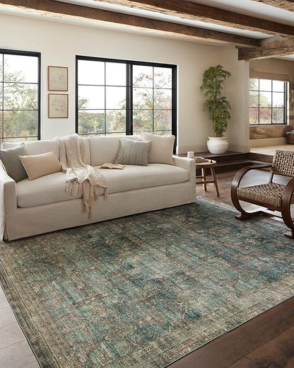 Loloi Magnolia Home by Joanna Gaines Banks Collection BAN-01 Ocean/Spice 2'-6" x 9'-6", .13" Pile Height, Machine Washable, Runner Rug