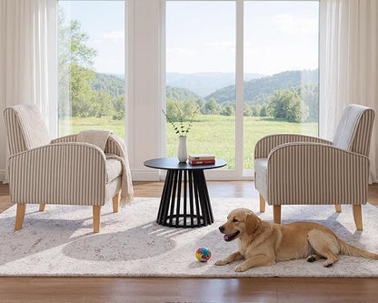 Farmhouse Striped Accent Chair for Living Room Set of 1, Linen Fabric Modern Comfy Armchairs with Cushion, Upholstered Striped Reading Chairs for Bedroom Couch Chair with Wood Legs, Khaki