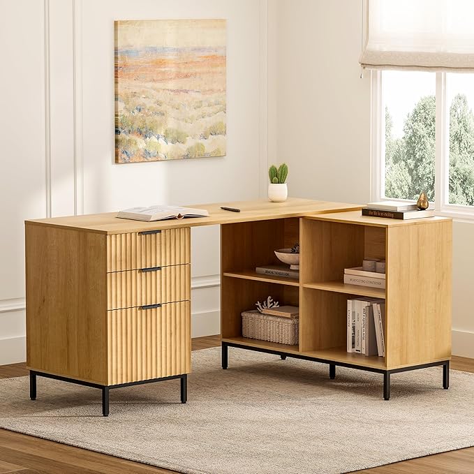 Fluted Executive Desk with Storage Cabinet, 60" Modern Flexible Home Office Desk, Large Wood Convertible Computer Standing Up Desk with File Drawer, L Shaped Writing Desk Natural Oak