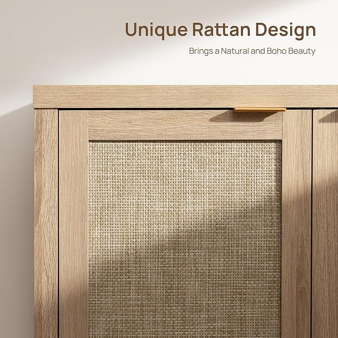 SICOTAS Rattan Sideboard Buffet Cabinet with Large Storage - Boho Credenza Coffee Bar Cabinet with Adjustable Shelves, Buffet Console Table for Kitchen Living Room Hallway - Natural